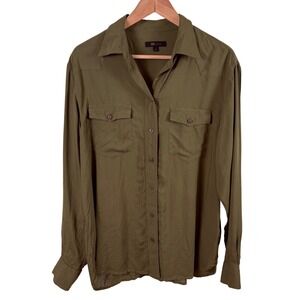 Frye Women's Lg Western Yoke Button-Up Shirt Olive Green Rayon Utility Blouse